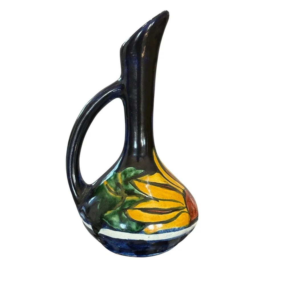 Vintage Mexican Pottery Sunflower Bud Vase Hand Painted Blue Ceramic Pitcher 6